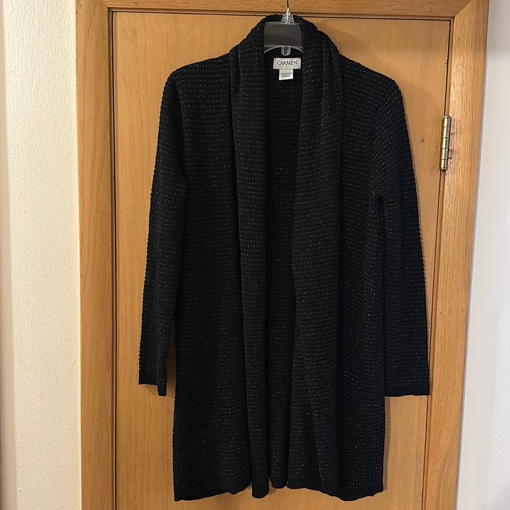 Carmen Marc Valvo Women’s Open Front Metallic Cardigan Sweater Black Gold Large